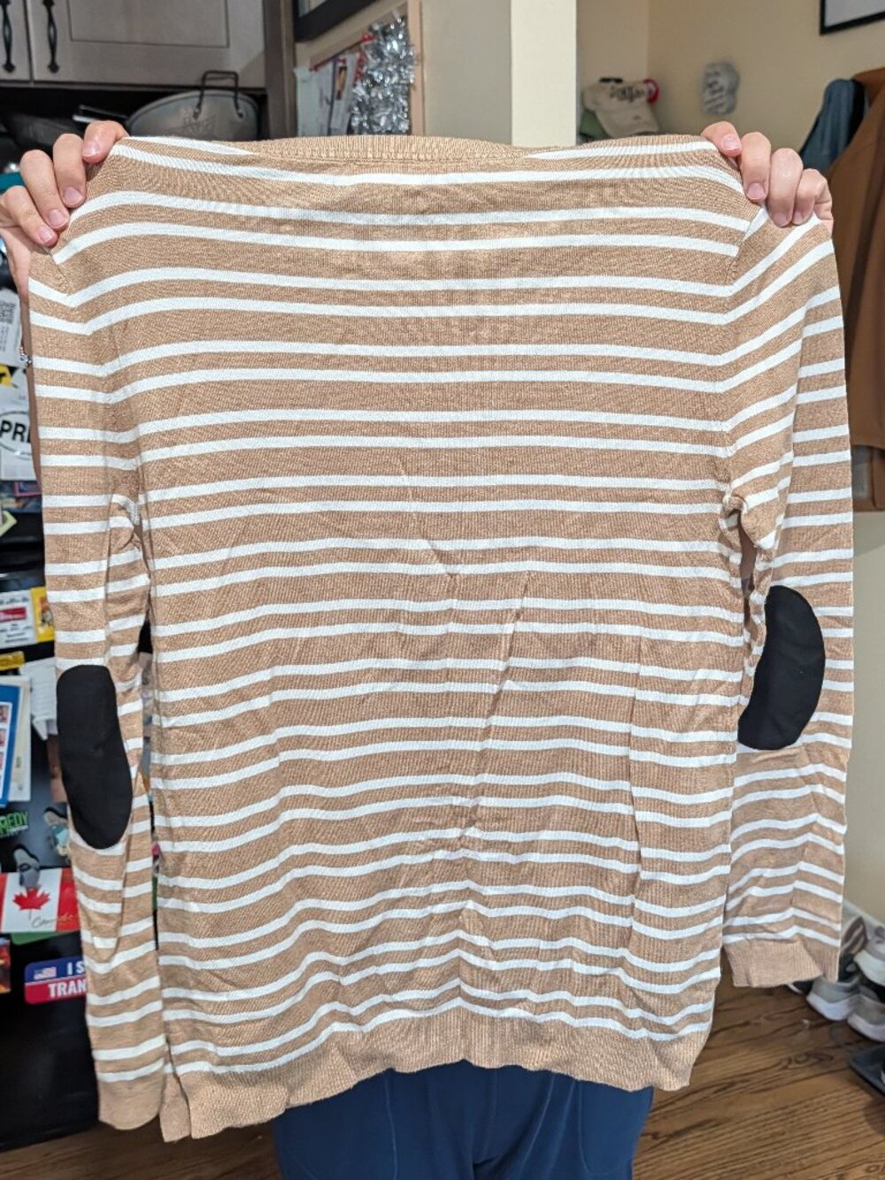 Market & Spruce Tan White Striped Crewneck Elbow Patch Sweater M